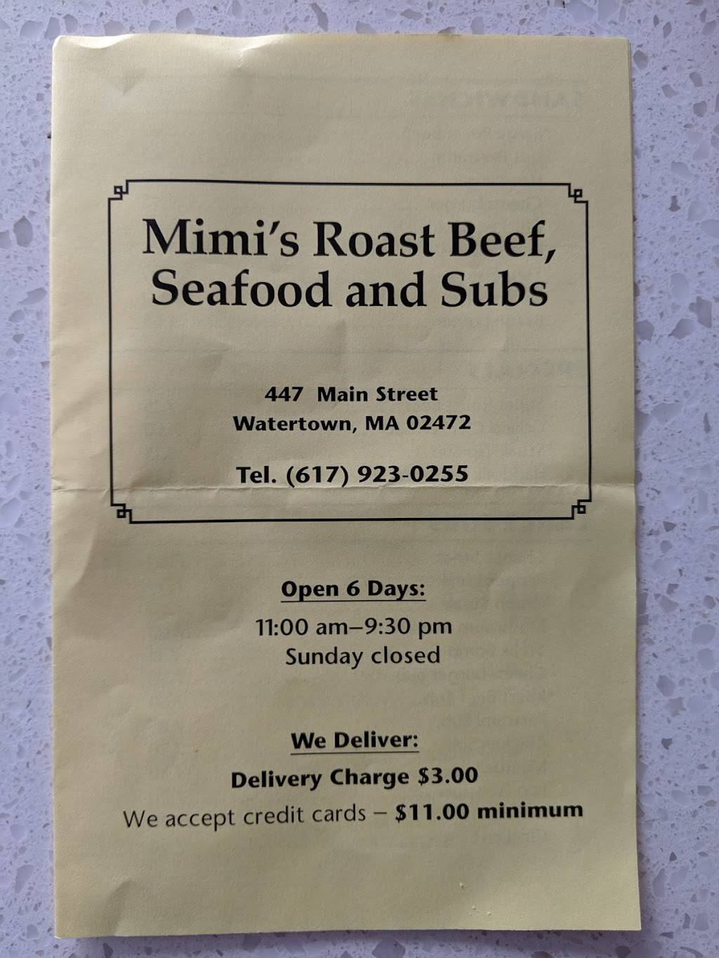 Mimis Roast Beef & Seafood | restaurant | 447 Main St, Watertown, MA 02472, USA | 6179230255 OR +1 617-923-0255