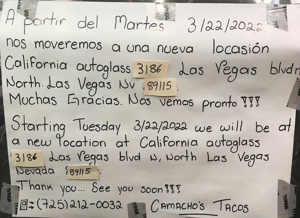 Camachos tacos | restaurant | 3186 Las Vegas Blvd N, Las Vegas, NV 89115, USA | 7252120032 OR +1 725-212-0032