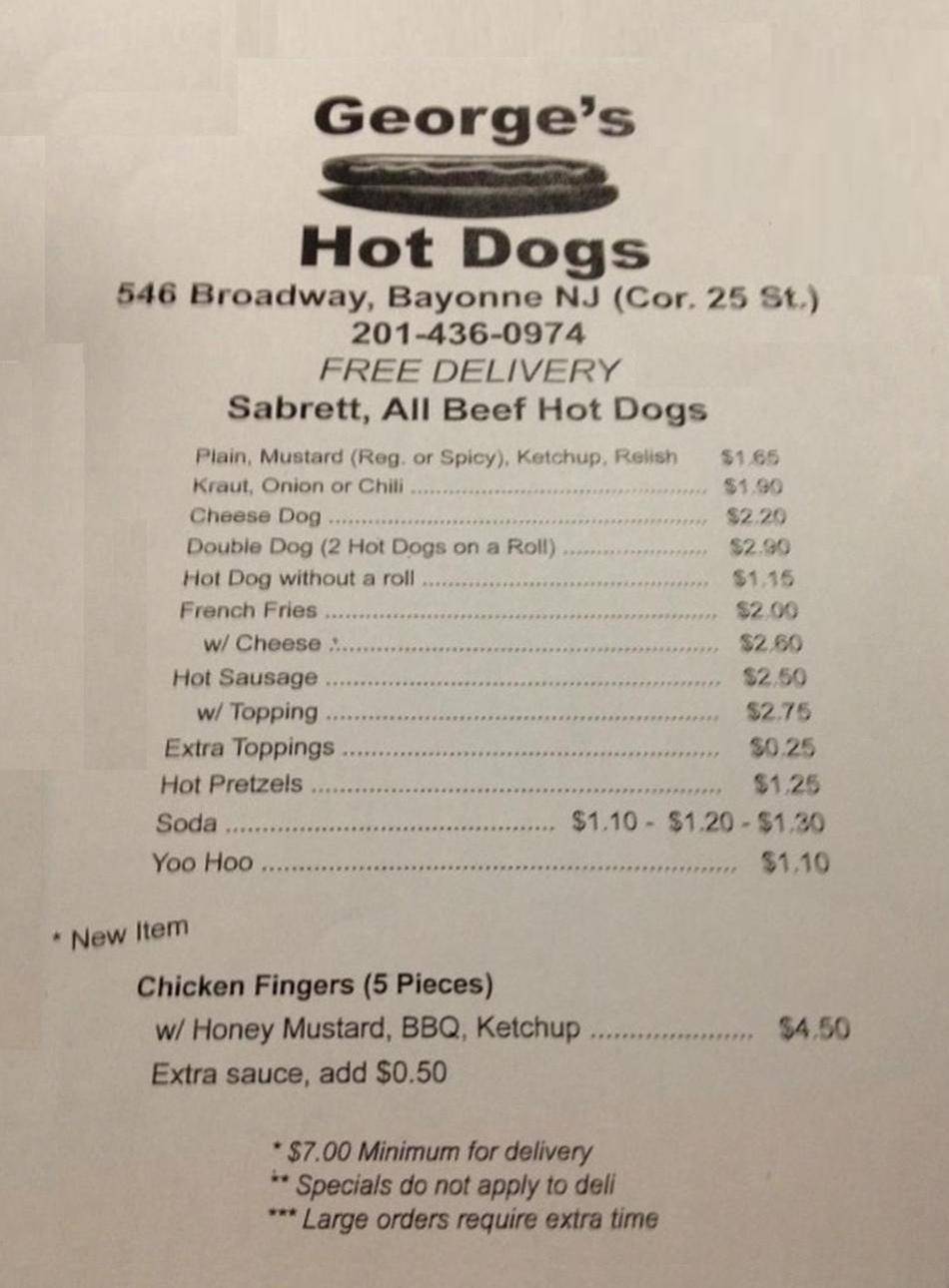 Georges Hot Dogs | restaurant | 546 Broadway, Bayonne, NJ 07002, USA | 2014360974 OR +1 201-436-0974