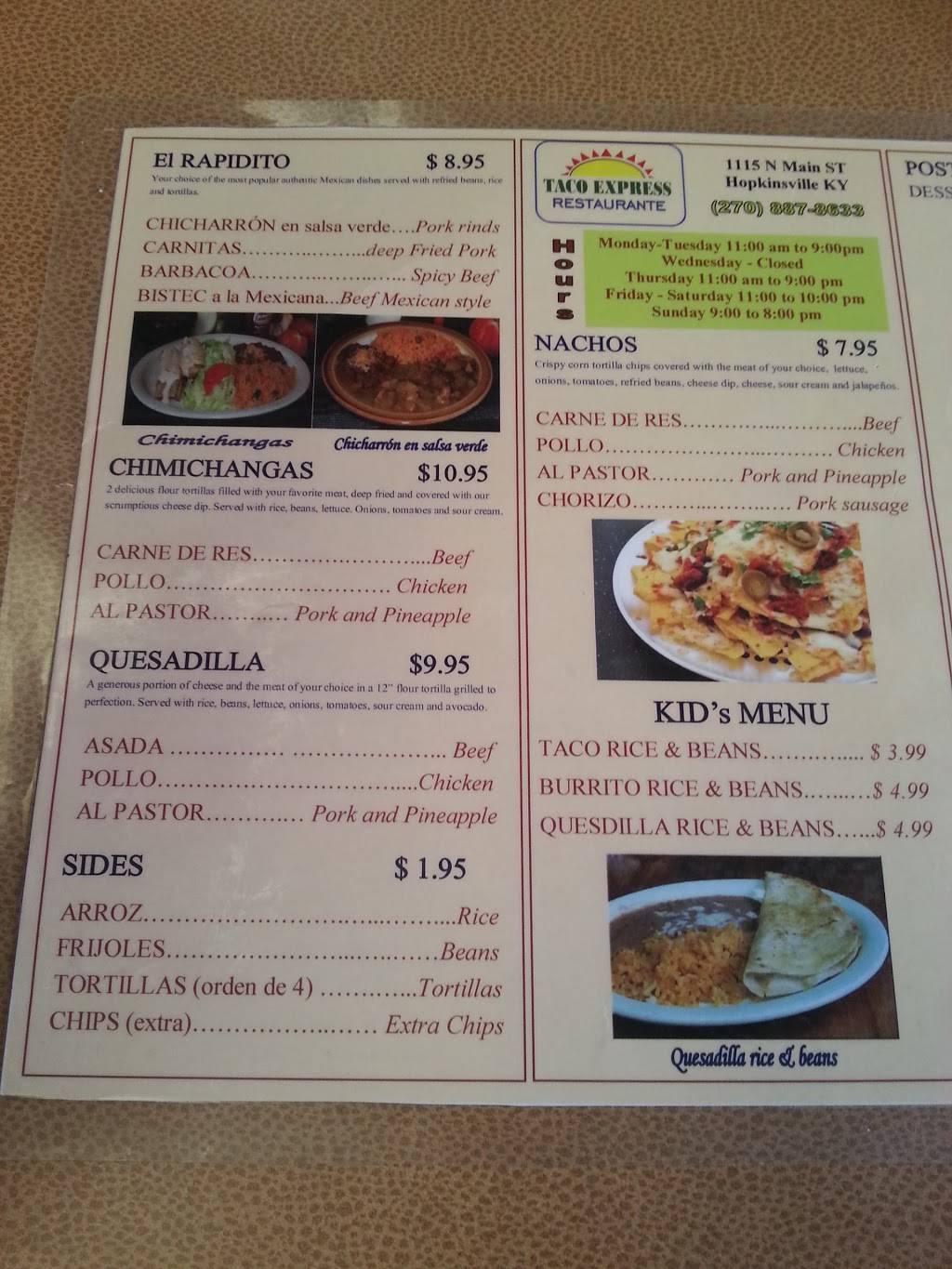 Taco Express Latinoamericana | restaurant | 1115 N Main St, Hopkinsville, KY 42240, USA | 2708878633 OR +1 270-887-8633