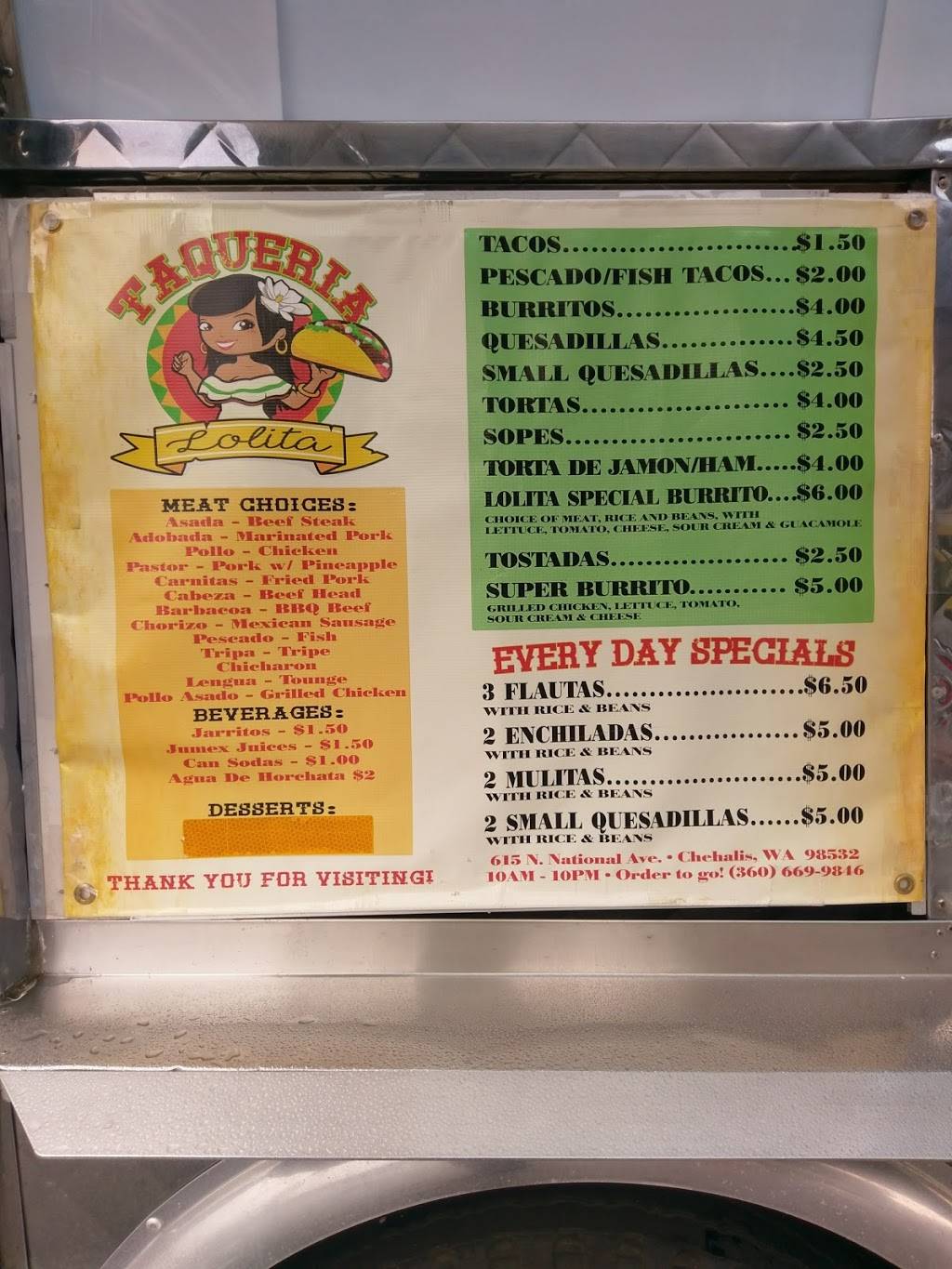 Taqueria Lolita | restaurant | 337 NW Chehalis Ave, Chehalis, WA 98532, USA | 3607484060 OR +1 360-748-4060