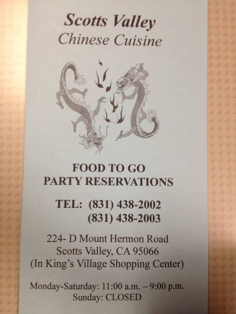 Scotts Valley Chinese Cuisine | restaurant | 224 Mt Hermon Rd # D, Scotts Valley, CA 95066, USA | 8314382002 OR +1 831-438-2002