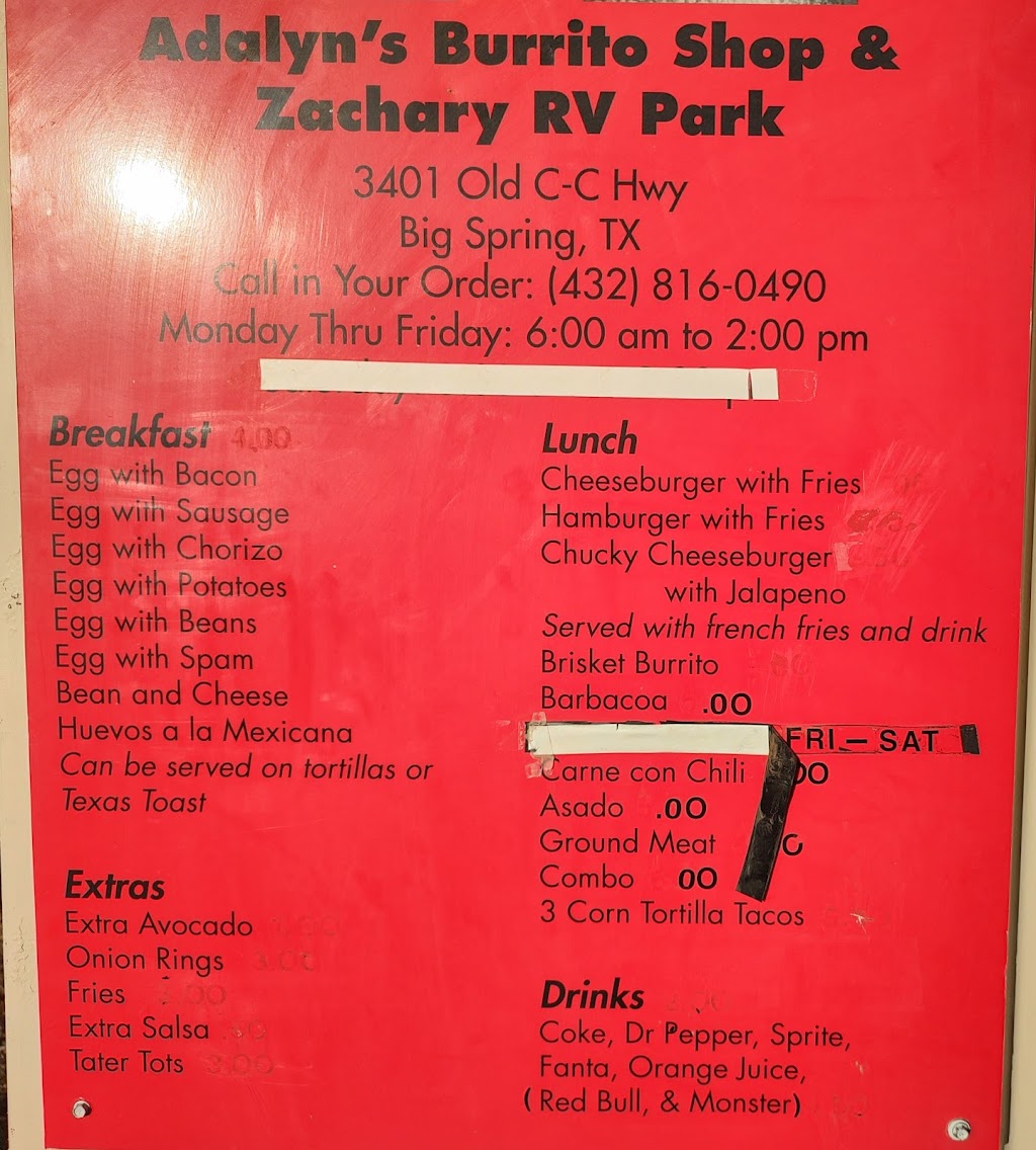 Adalyns Burrito Stop | restaurant | 3401 Old Colorado City Hwy, Big Spring, TX 79720, USA | 4328160490 OR +1 432-816-0490