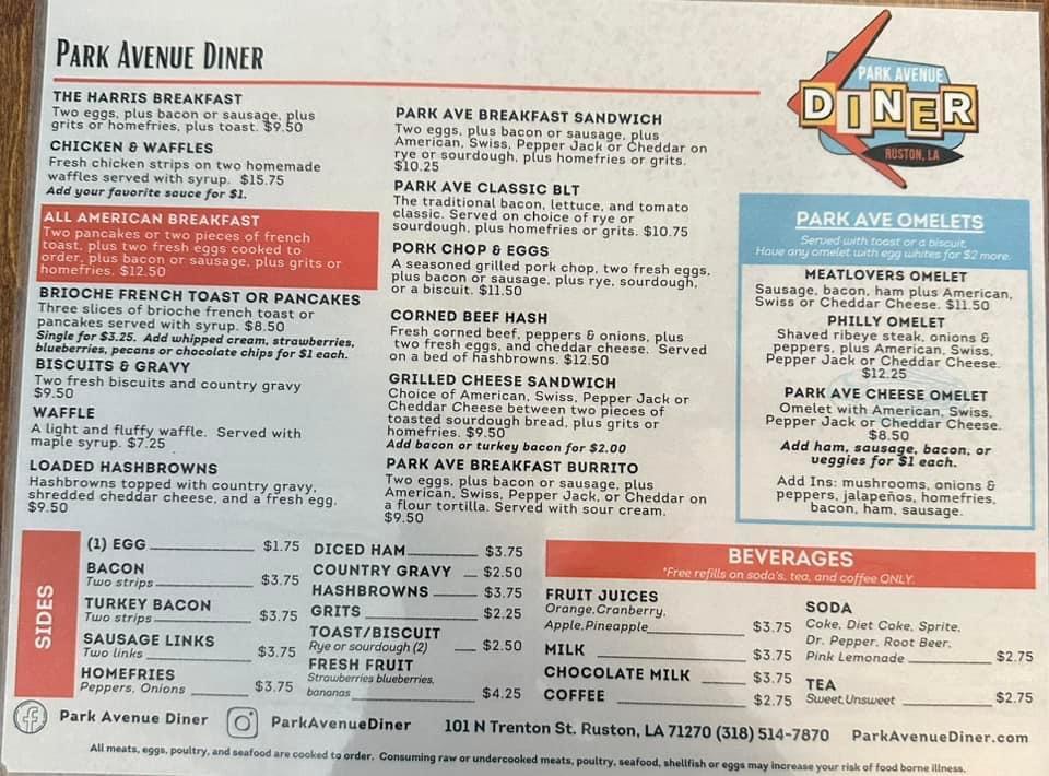 Park Avenue Diner | restaurant | 101 N Trenton St, Ruston, LA 71270, USA | 3185147870 OR +1 318-514-7870