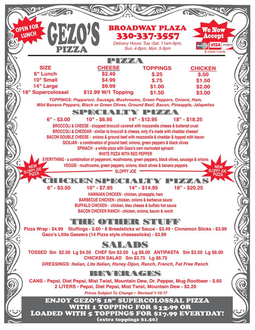 Gezos Pizza | restaurant | 200 E 2nd St A, Salem, OH 44460, USA | 3303373557 OR +1 330-337-3557