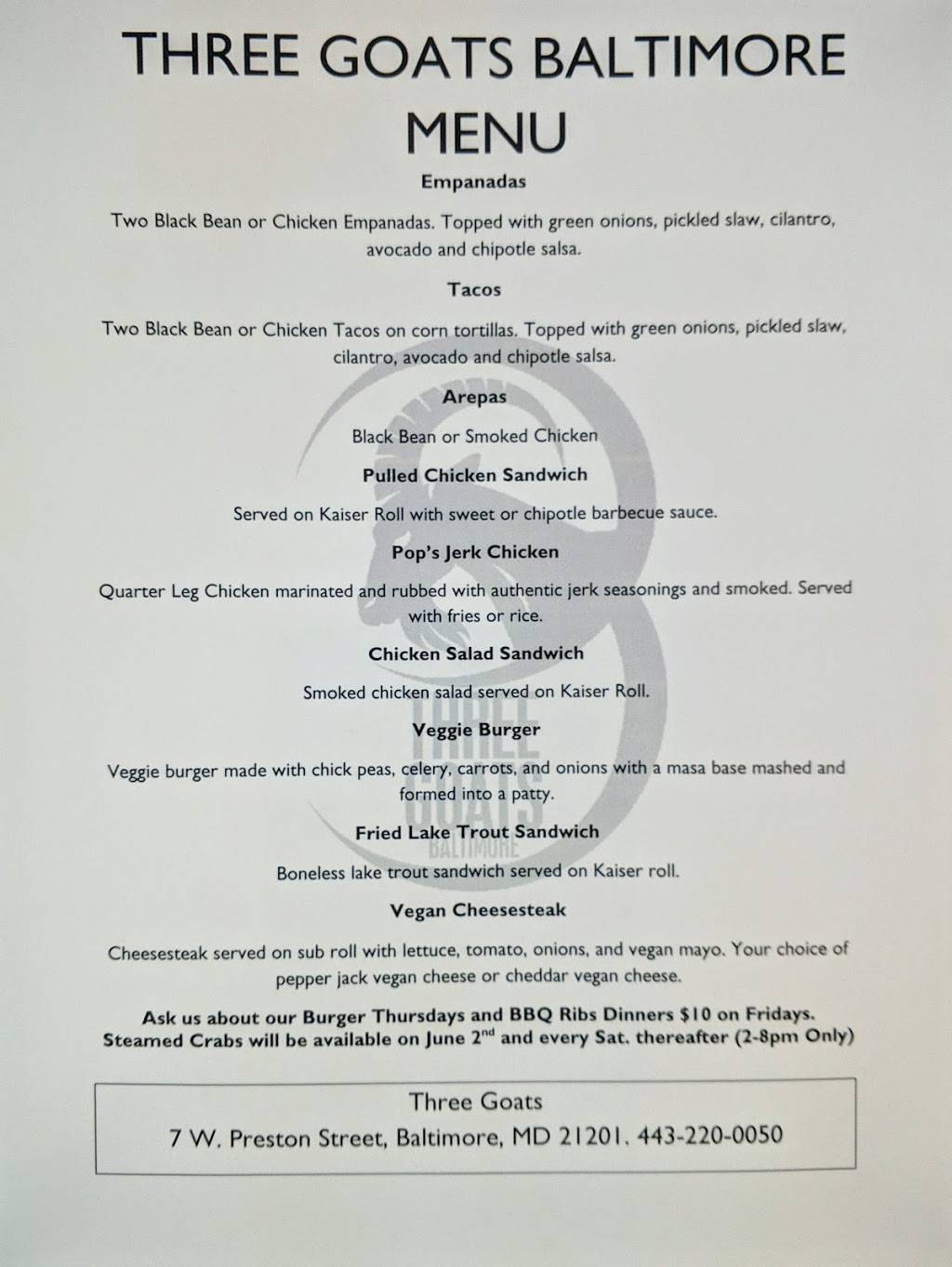 Three Goats Baltimore | restaurant | 7 W Preston St, Baltimore, MD 21201, USA | 4432200050 OR +1 443-220-0050