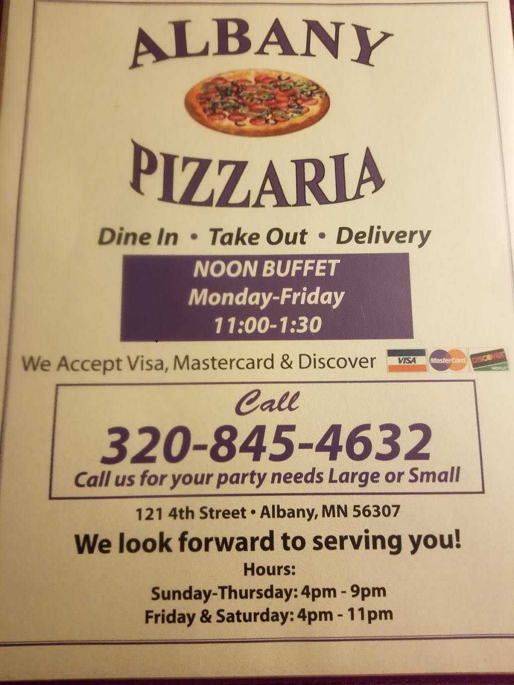 Albany Pizzaria | meal delivery | 121 4th St, Albany, MN 56307, USA | 3208454632 OR +1 320-845-4632