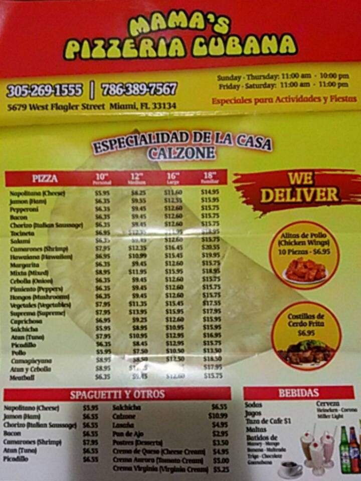 Mamas Pizza | restaurant | 5679 W Flagler St, Coral Gables, FL 33134, USA | 3052691555 OR +1 305-269-1555