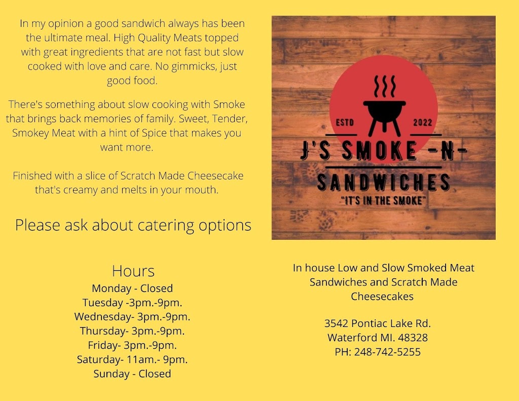Js Smoke -N- Sandwiches | restaurant | 3542 Pontiac Lake Rd, Waterford Twp, MI 48328, USA | 2487425255 OR +1 248-742-5255
