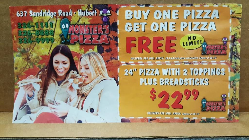 Monsters Pizza | restaurant | 637 Sand Ridge Rd, Hubert, NC 28539, USA | 9103268888 OR +1 910-326-8888