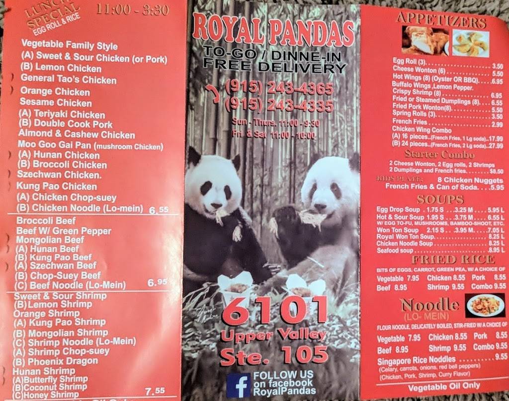 Royal Pandas | restaurant | 6101 Upper Valley Rd, El Paso, TX 79932, USA | 9152434365 OR +1 915-243-4365