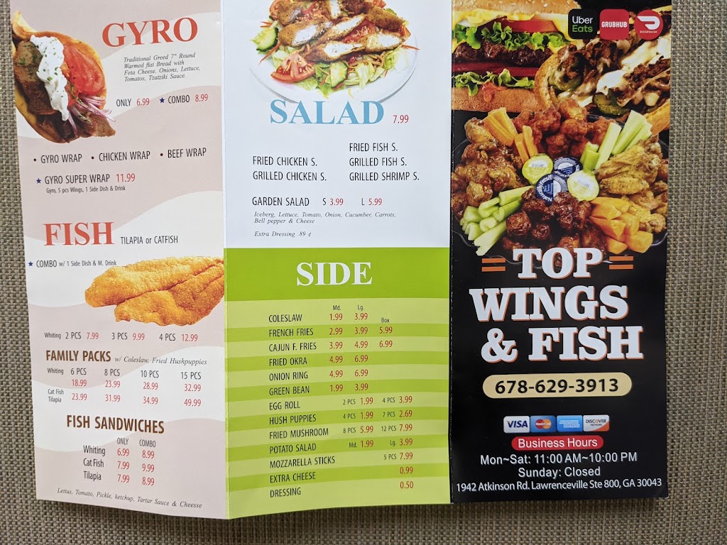 Top Wings & Fish | restaurant | 1942 Atkinson Rd NW Ste 800, Lawrenceville, GA 30043, USA | 6786293913 OR +1 678-629-3913