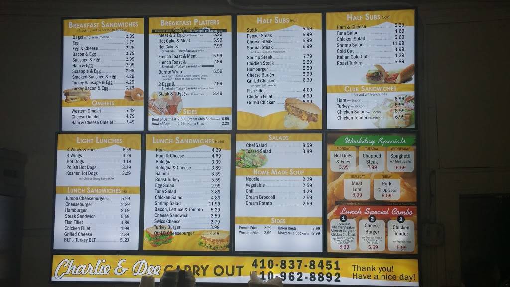 Charlie and Dee Carry Out | restaurant | 1539 Bush St, Baltimore, MD 21230, USA | 4109628892 OR +1 410-962-8892