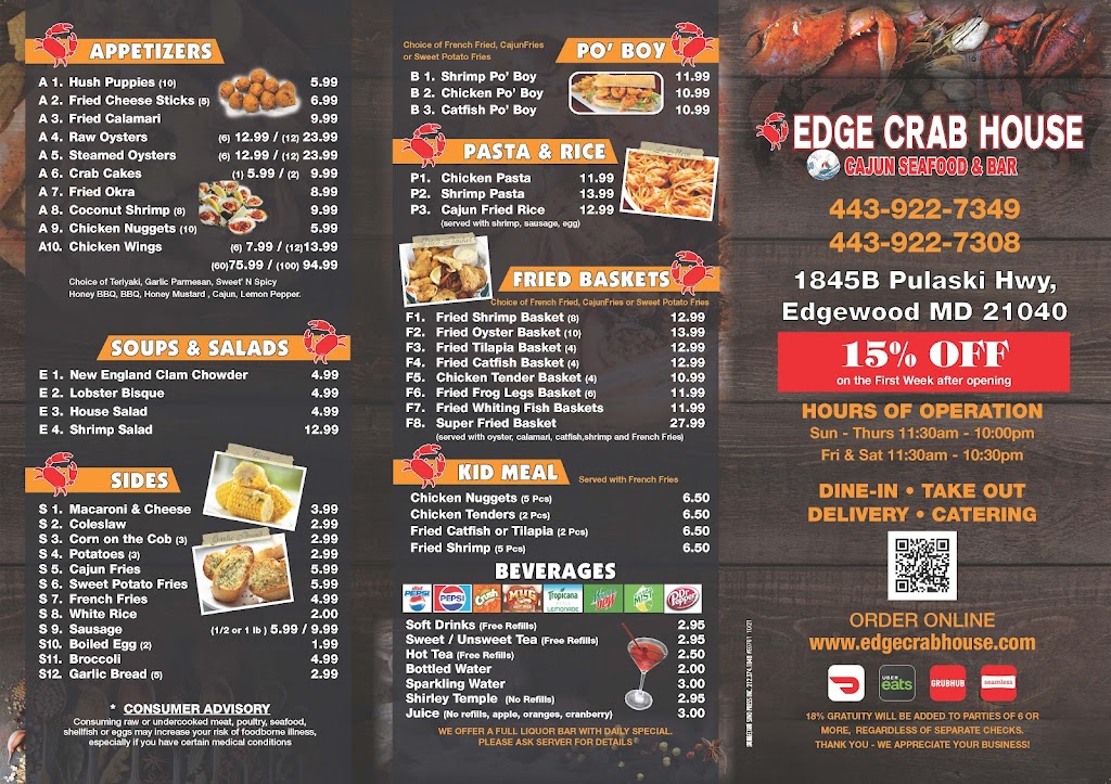 EDGE CRAB HOUSE | restaurant | 1845 Pulaski Hwy, Edgewood, MD 21040, USA | 4439227308 OR +1 443-922-7308