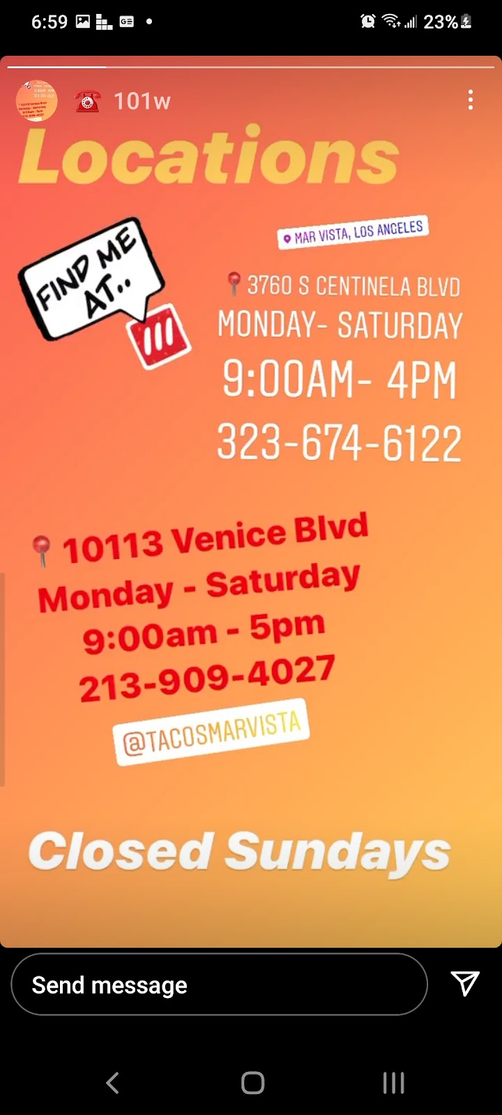 Tacos Mar Vista | restaurant | 3760 S Centinela Ave, Los Angeles, CA 90066, USA | 3236746122 OR +1 323-674-6122