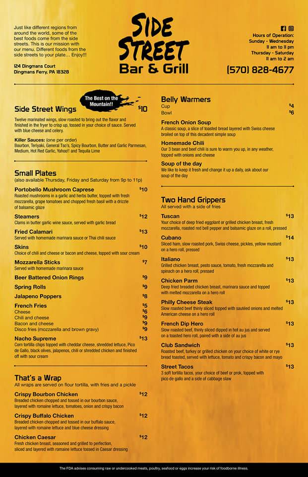 SideStreet Bar & Grill | restaurant | 124 Dingmans Ct, Dingmans Ferry, PA 18328, USA | 5708284677 OR +1 570-828-4677