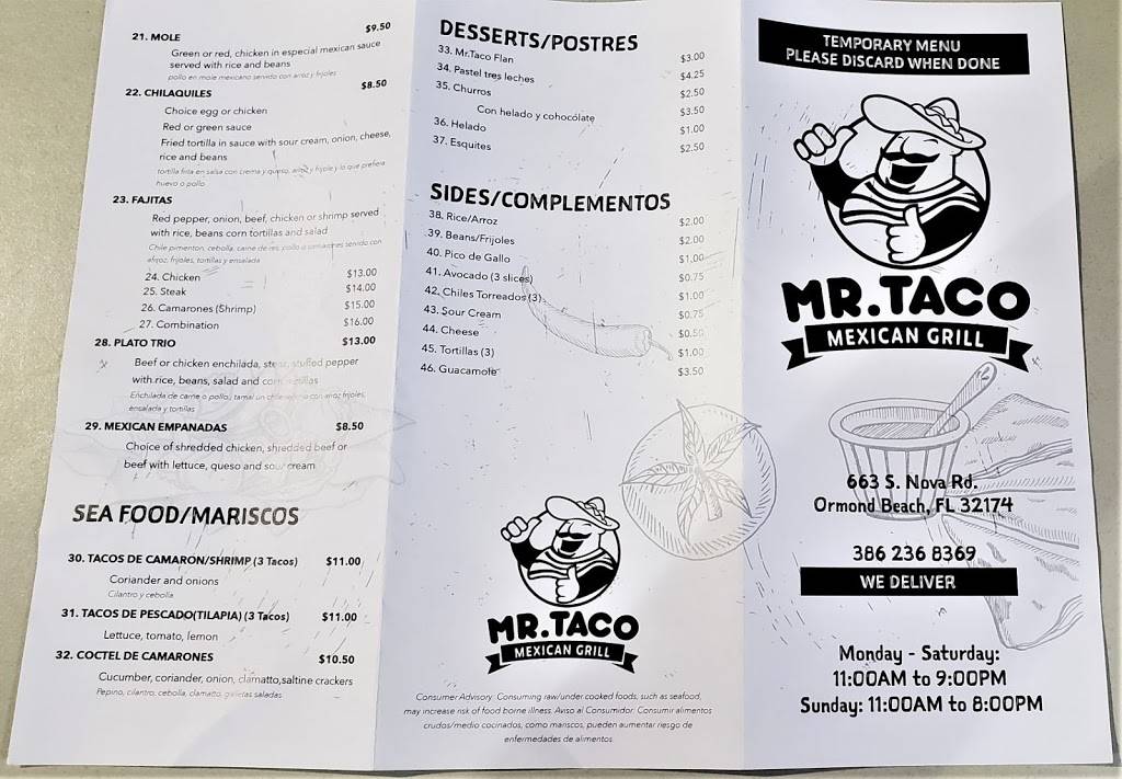 Mr.Taco Mexican Grill | restaurant | 663 S Nova Rd, Ormond Beach, FL 32174, USA | 3862368369 OR +1 386-236-8369