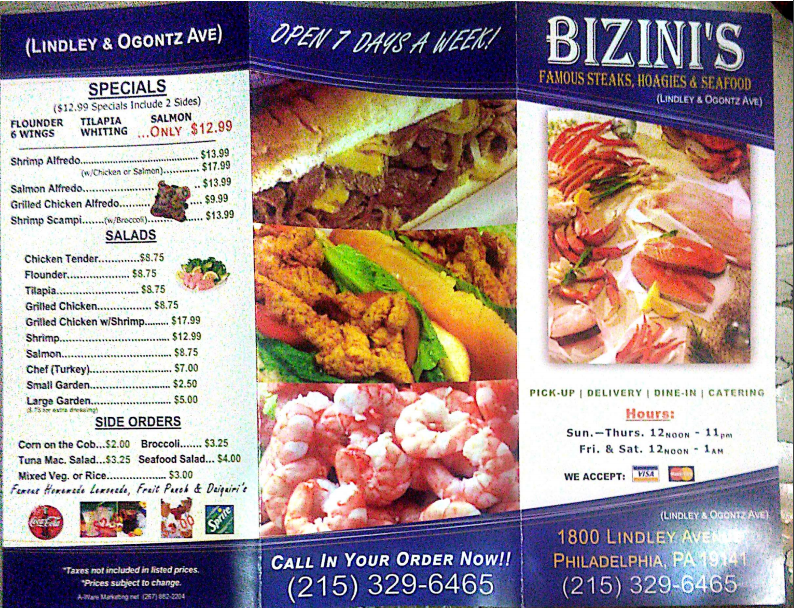 Bizinis Famous Steaks, Seafood and Hoagies | restaurant | 1800 Lindley Ave, Philadelphia, PA 19141, USA | 2158425571 OR +1 215-842-5571