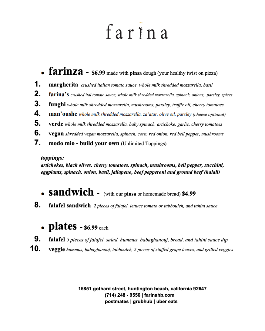 Farina Pizza & Mediterranean Cuisine | restaurant | 15851 Gothard St, Huntington Beach, CA 92647, USA | 7142489556 OR +1 714-248-9556