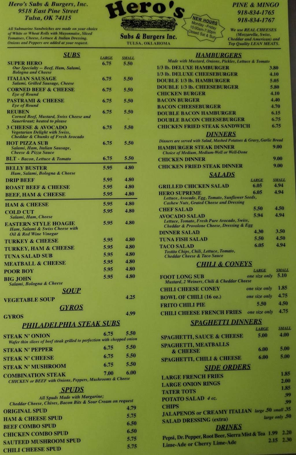 Heros Subs & Burgers | restaurant | 9518 E Pine St, Tulsa, OK 74115, USA | 9188341765 OR +1 918-834-1765