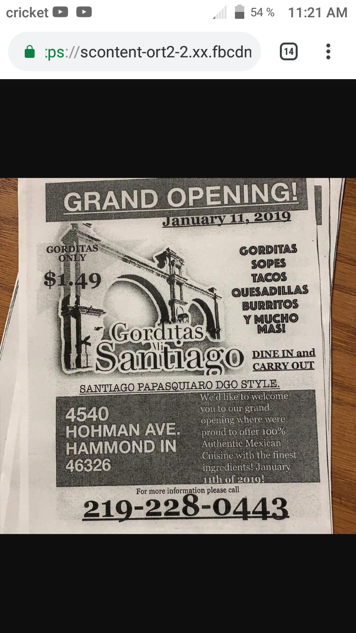 Gorditas Mi Santiago | restaurant | 4540 Hohman Ave, Hammond, IN 46327, USA | 2193234357 OR +1 219-323-4357