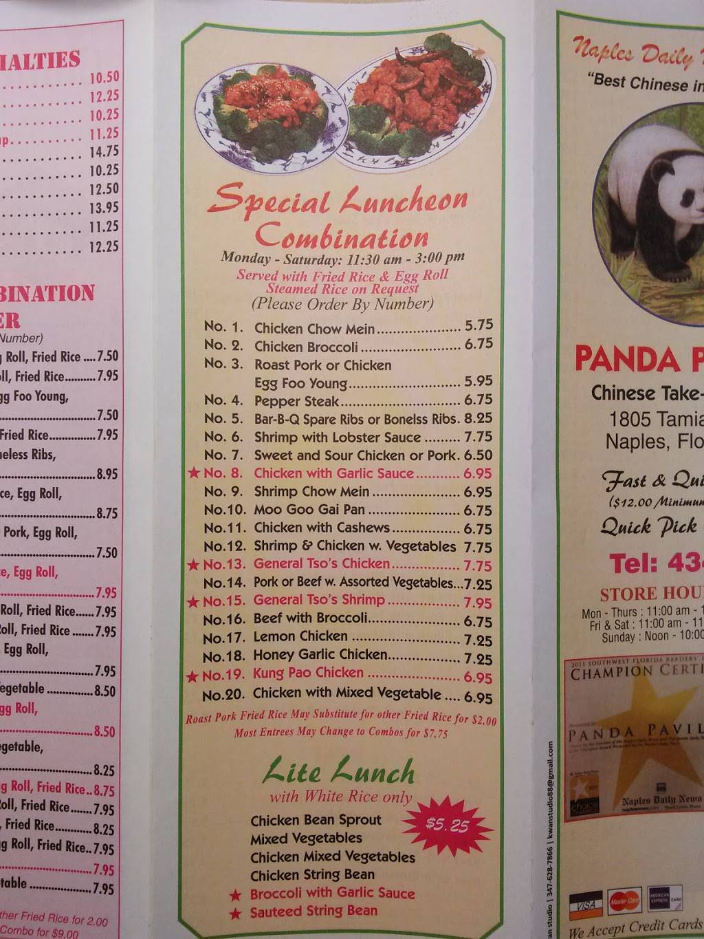 Panda Pavillion Chinese Restaurant | meal takeaway | 1805 Tamiami Trail N, Naples, FL 34102, USA | 2394348898 OR +1 239-434-8898