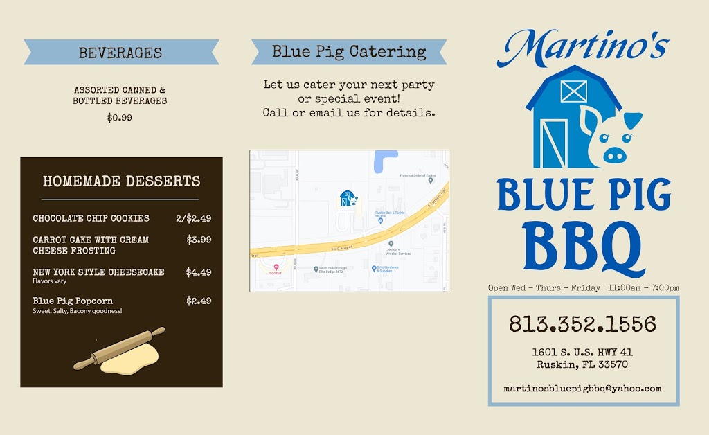 Martinos Blue Pig BBQ | restaurant | 1601 S U.S. Hwy 41 S, Ruskin, FL 33570, USA | 8133521556 OR +1 813-352-1556