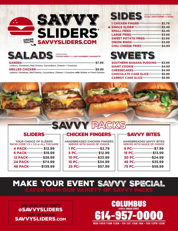Savvy Sliders | meal takeaway | 1450 W Broad St, Columbus, OH 43222, USA | 6149570000 OR +1 614-957-0000