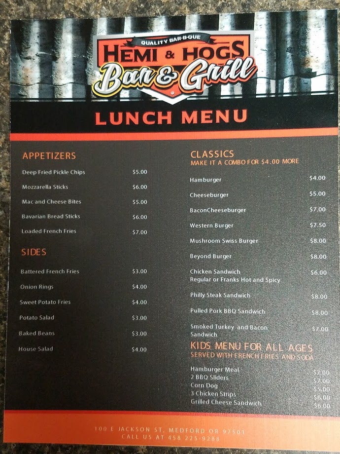 Hemi and Hogs Bar and Grill | restaurant | 100 E Jackson St, Medford, OR 97501, USA | 4582259288 OR +1 458-225-9288