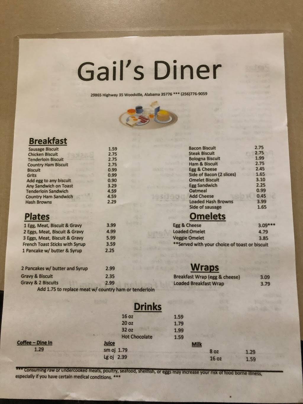 Gails Diner | restaurant | 29865 AL-35, Woodville, AL 35776, USA | 2567769059 OR +1 256-776-9059