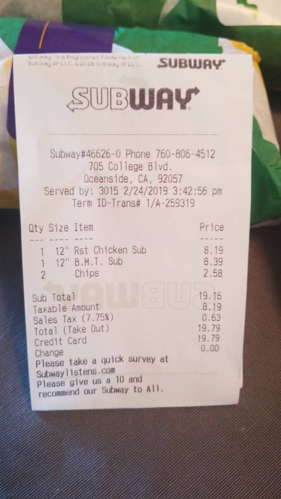 Subway | restaurant | 705 College Blvd, Oceanside, CA 92057, USA | 7608064512 OR +1 760-806-4512