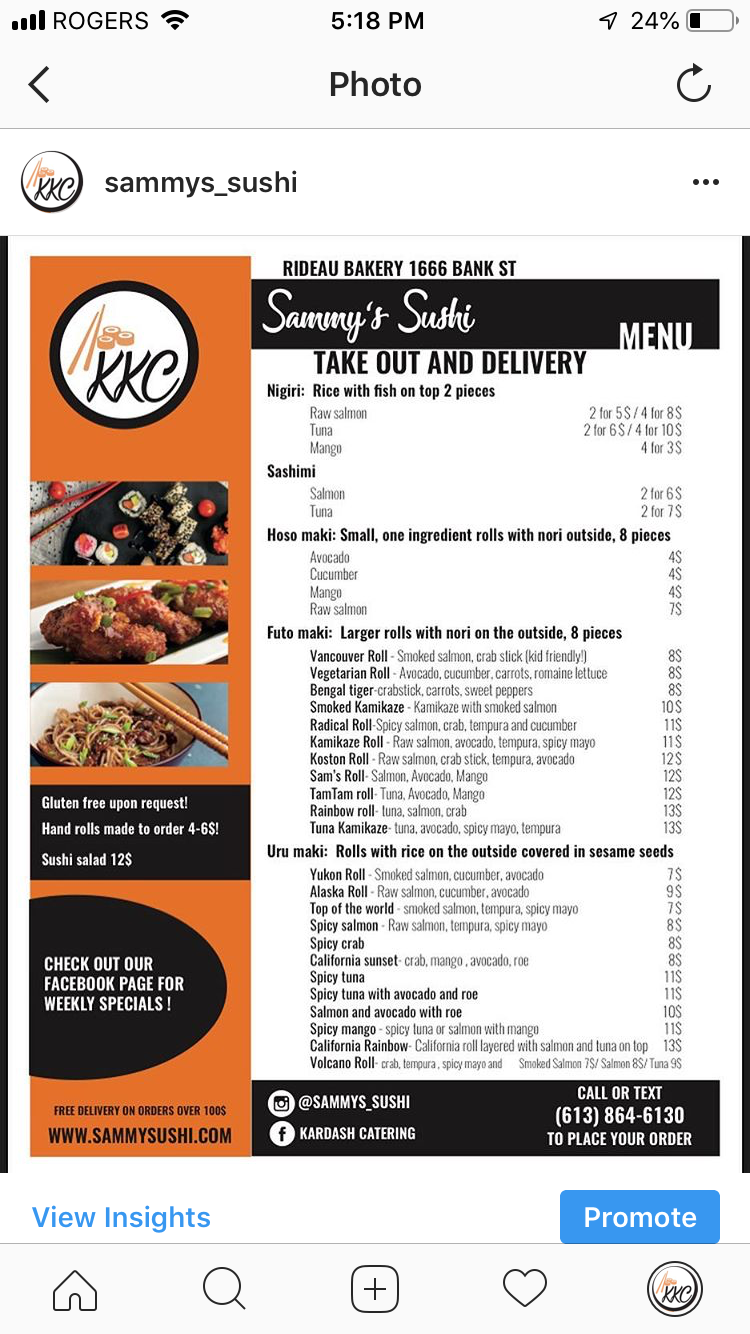Sammys Sushi | restaurant | 1666 Bank St, Ottawa, ON K1V 7Y6, Canada | 6138646130 OR +1 613-864-6130