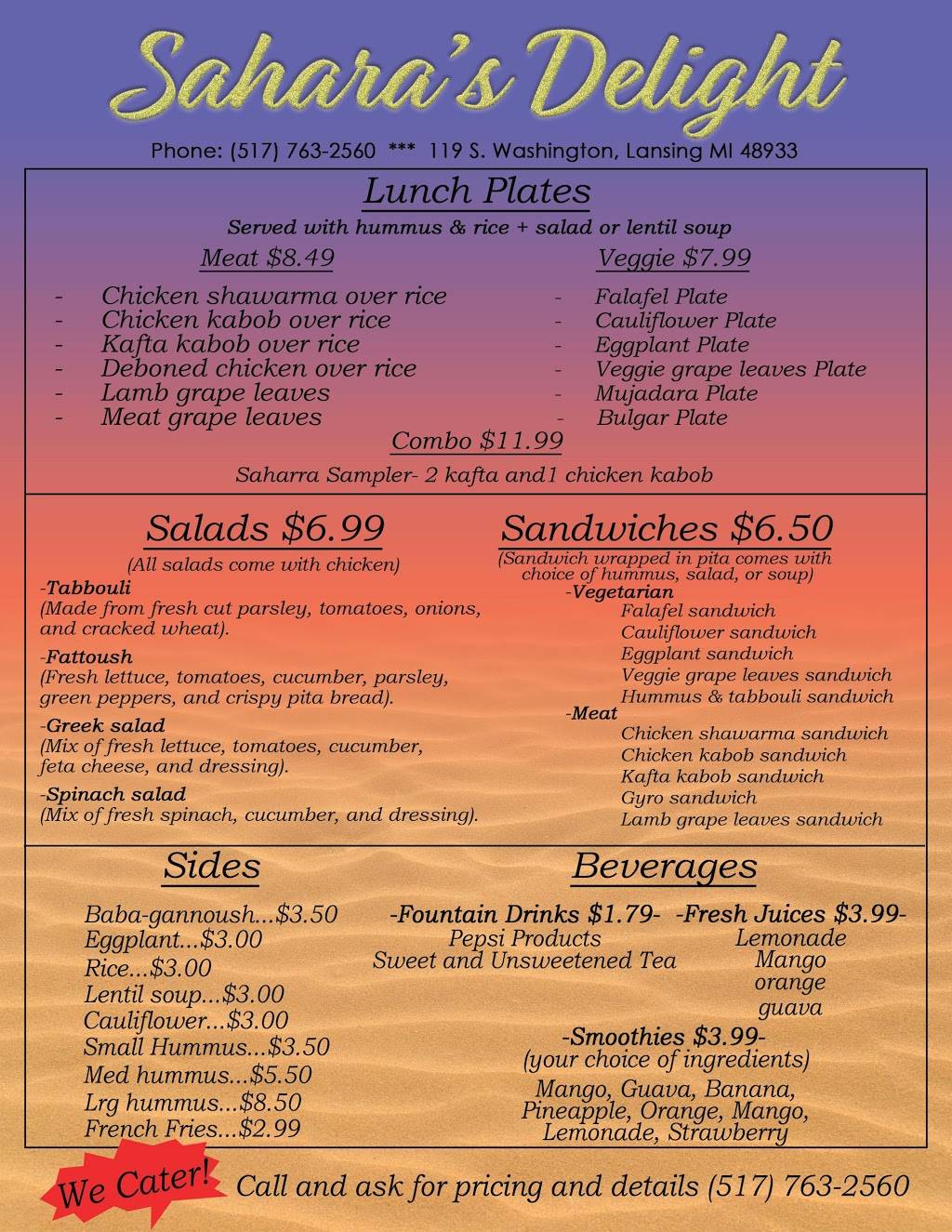 Sahara Delight | restaurant | 119 S Washington Square, Lansing, MI 48933, USA | 5177632560 OR +1 517-763-2560