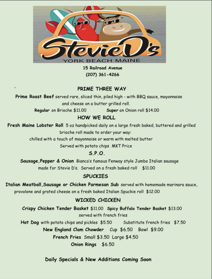 Stevie Ds | restaurant | 15 Railroad Ave, York, ME 03909, USA | 2073614266 OR +1 207-361-4266