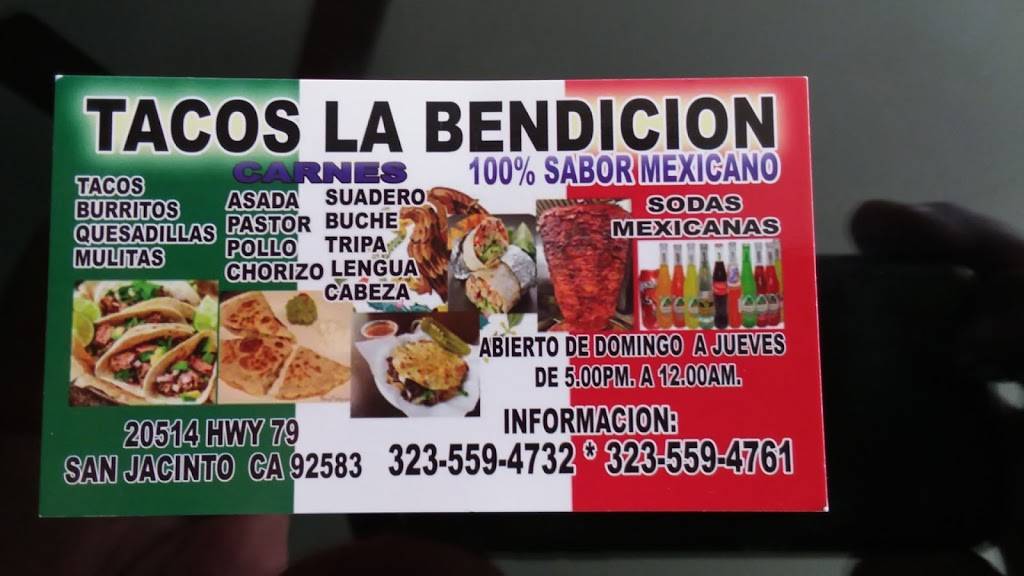 Tacos La Bendicion | restaurant | 20514 Soboba Rd, San Jacinto, CA 92583, USA | 3235594732 OR +1 323-559-4732