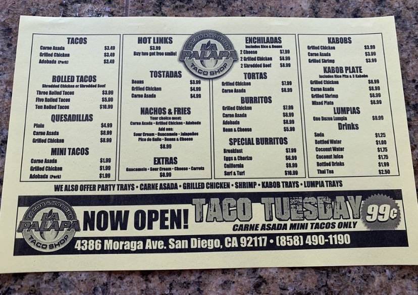 La Palapa Taco Shop | restaurant | 4386 Moraga Ave, San Diego, CA 92117, USA | 8584901190 OR +1 858-490-1190