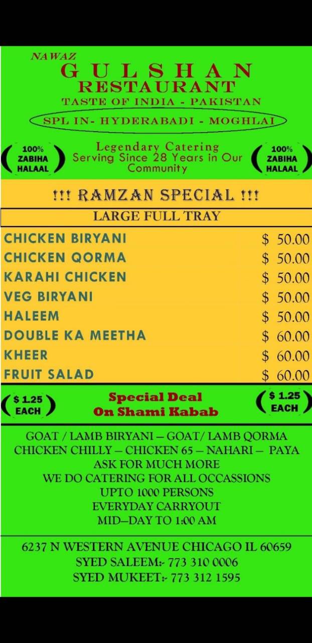 Nawaz Gulshan | restaurant | 6237 N Western Ave, Chicago, IL 60659, USA | 7733121595 OR +1 773-312-1595