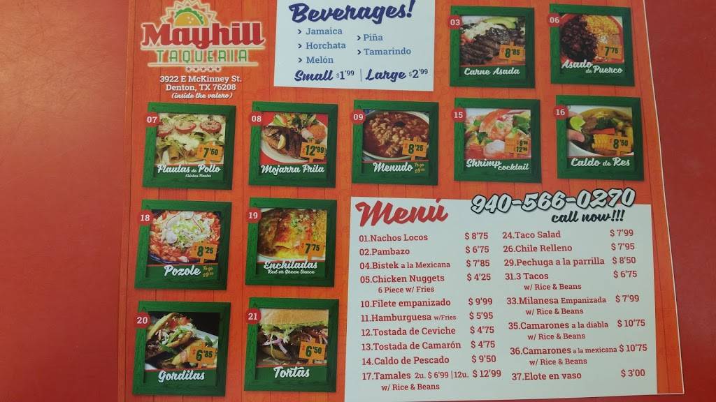 Mayhill Taqueria | restaurant | 3922 E McKinney St, Denton, TX 76208, USA | 9405660270 OR +1 940-566-0270
