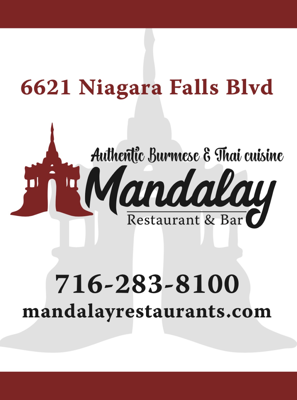 Mandalay Restaurant & Bar (Authentic Burmese & Thai Cuisine) | restaurant | 6621 Niagara Falls Blvd, Niagara Falls, NY 14304, USA | 7162838100 OR +1 716-283-8100