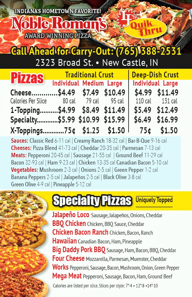 Noble Romans | restaurant | 2323 Broad St, New Castle, IN 47362, USA | 7653882531 OR +1 765-388-2531