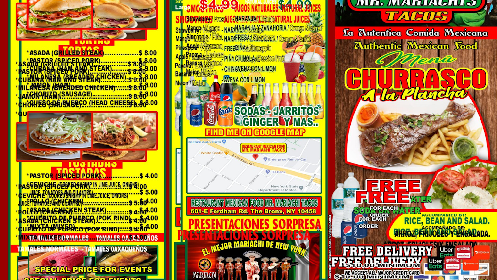 RESTAURANT MEXICAN FOOD MR. MARIACHI TACOS | restaurant | 601 E Fordham Rd, The Bronx, NY 10458, USA | 3473576545 OR +1 347-357-6545
