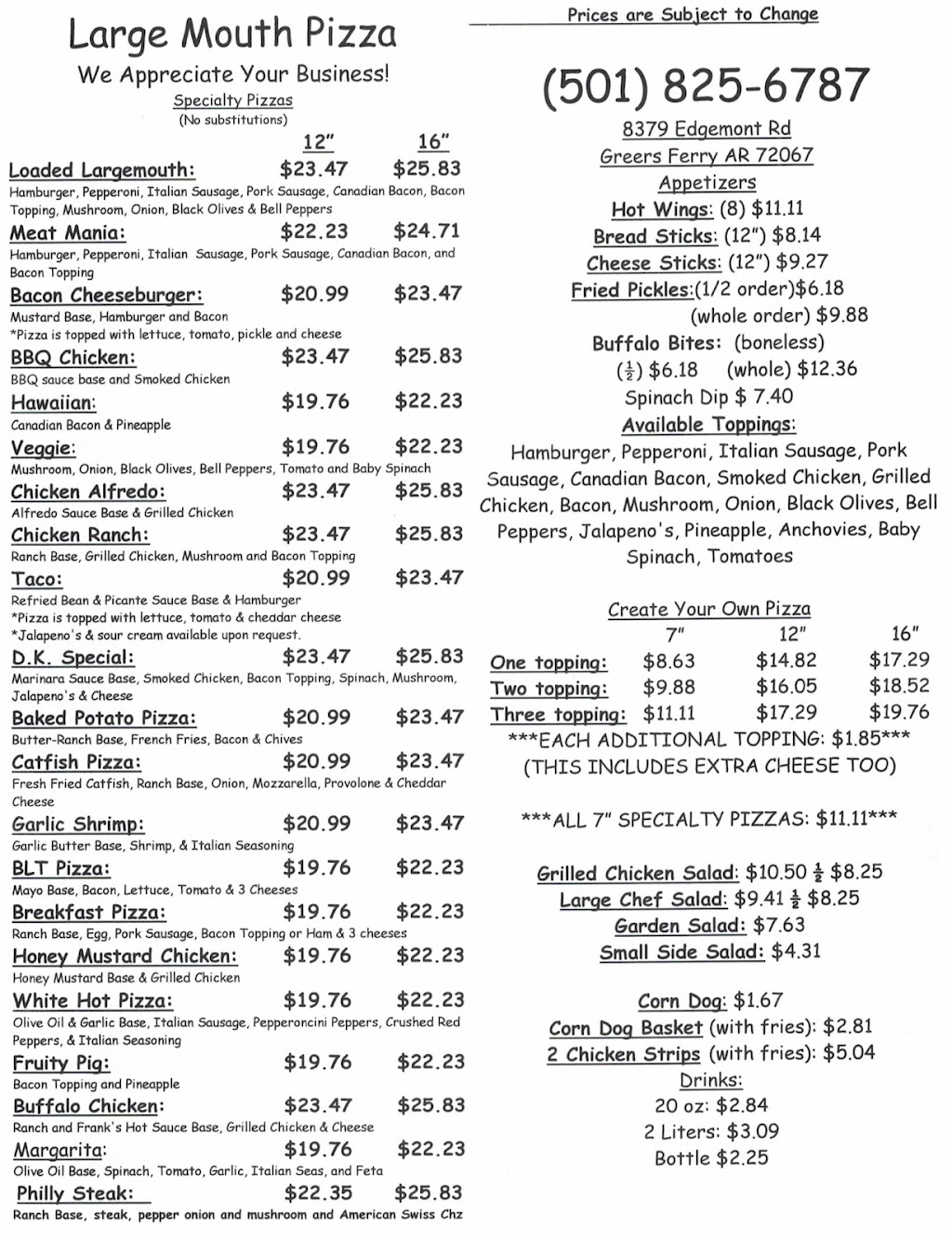 Large Mouth Pizza | restaurant | 8379 Edgemont Rd, Higden, AR 72067, USA | 5018256787 OR +1 501-825-6787