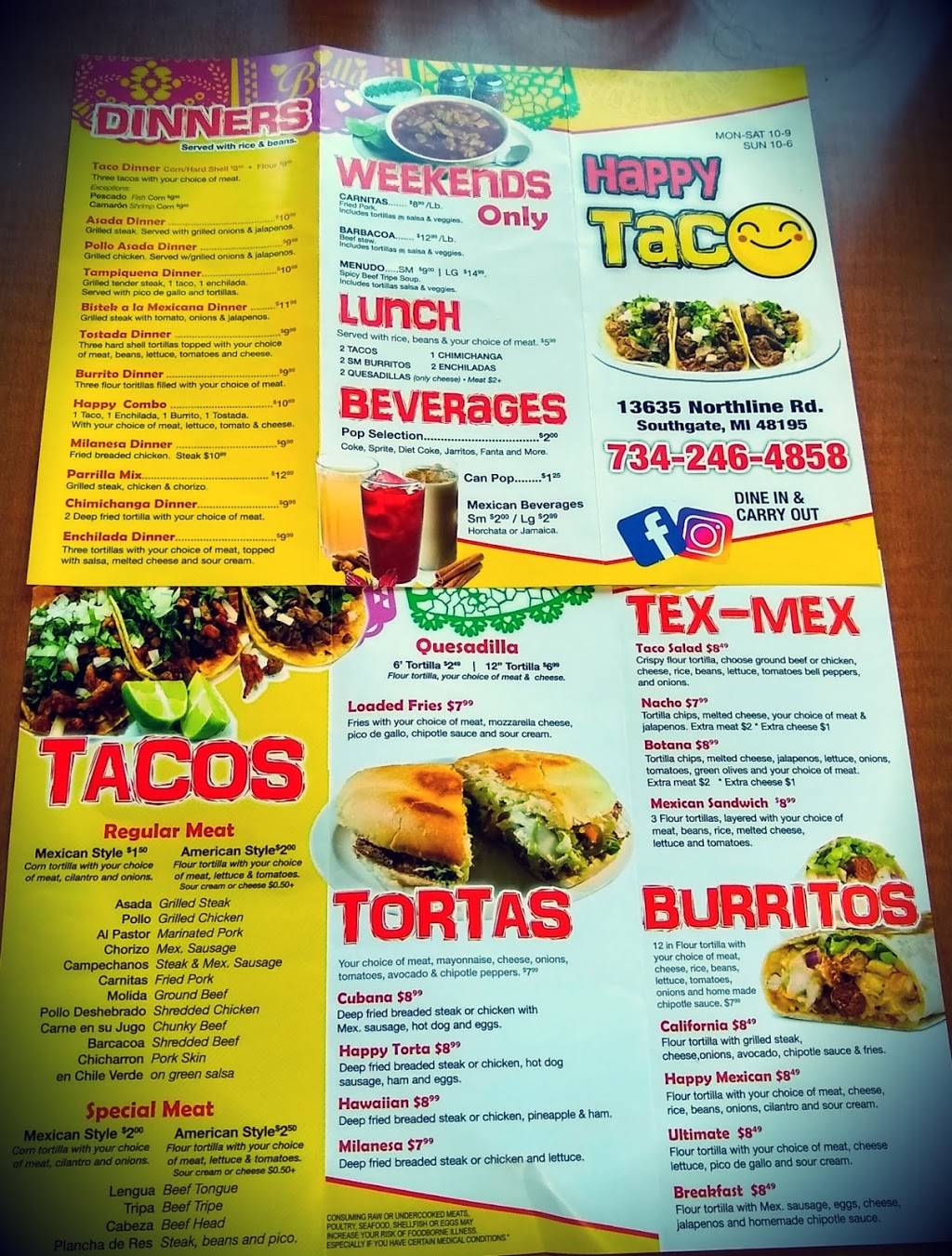 Happy Taco Mexican Restaurant | restaurant | 13635 Northline Rd, Southgate, MI 48195, USA | 7342464858 OR +1 734-246-4858