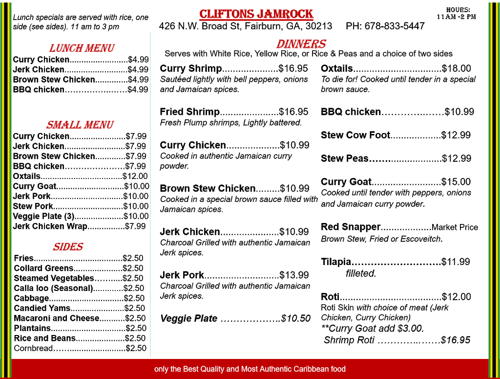 CLIFTONS JAMROCK | restaurant | 426 NW Broad St, Fairburn, GA 30213, USA | 6788335447 OR +1 678-833-5447