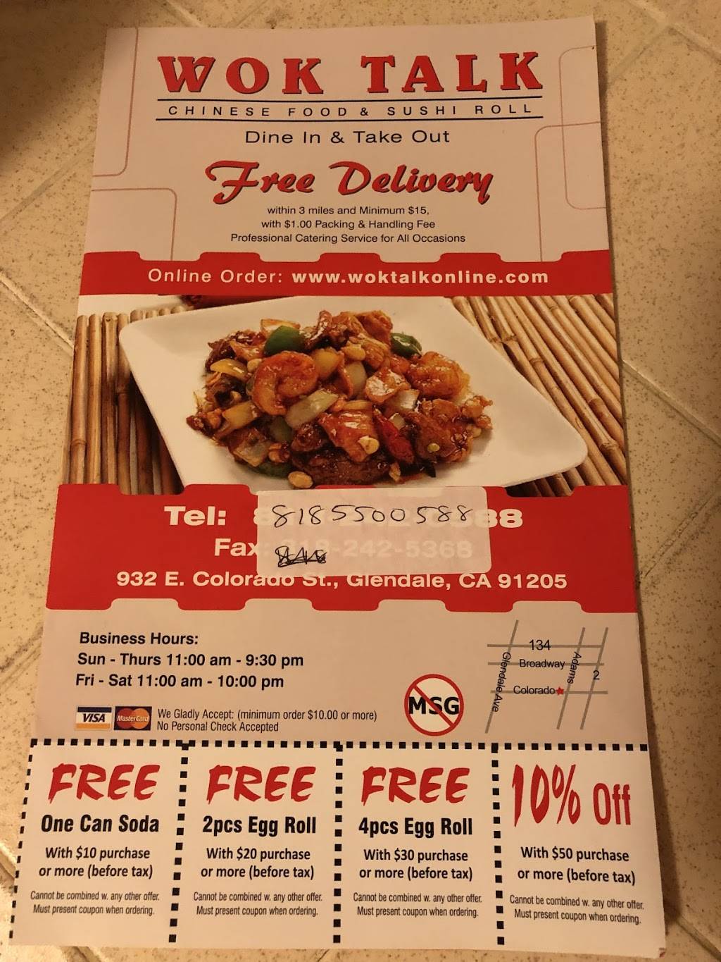 Wok Talk Chinese Food and Sushi Roll | restaurant | 932 E Colorado St, Glendale, CA 91205, USA | 8185500588 OR +1 818-550-0588