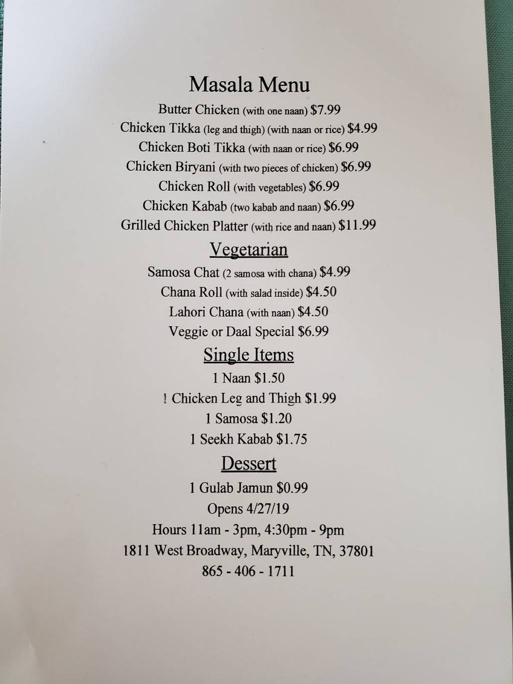 Masala | restaurant | 1811 W Broadway Ave, Maryville, TN 37801, USA | 8654061711 OR +1 865-406-1711