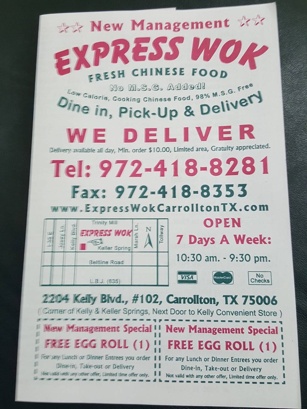 Express Wok | restaurant | 2204 Kelly Blvd, Carrollton, TX 75006, USA | 9724188281 OR +1 972-418-8281