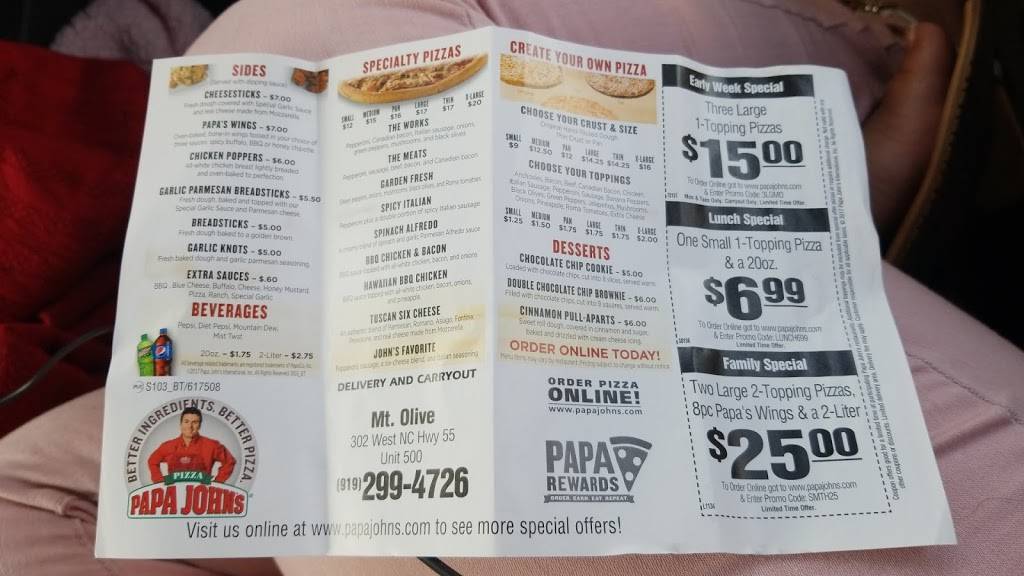 Papa Johns Pizza | restaurant | 302 West, NC-55 Unit 500, Mt Olive, NC 28365, USA | 9192994726 OR +1 919-299-4726
