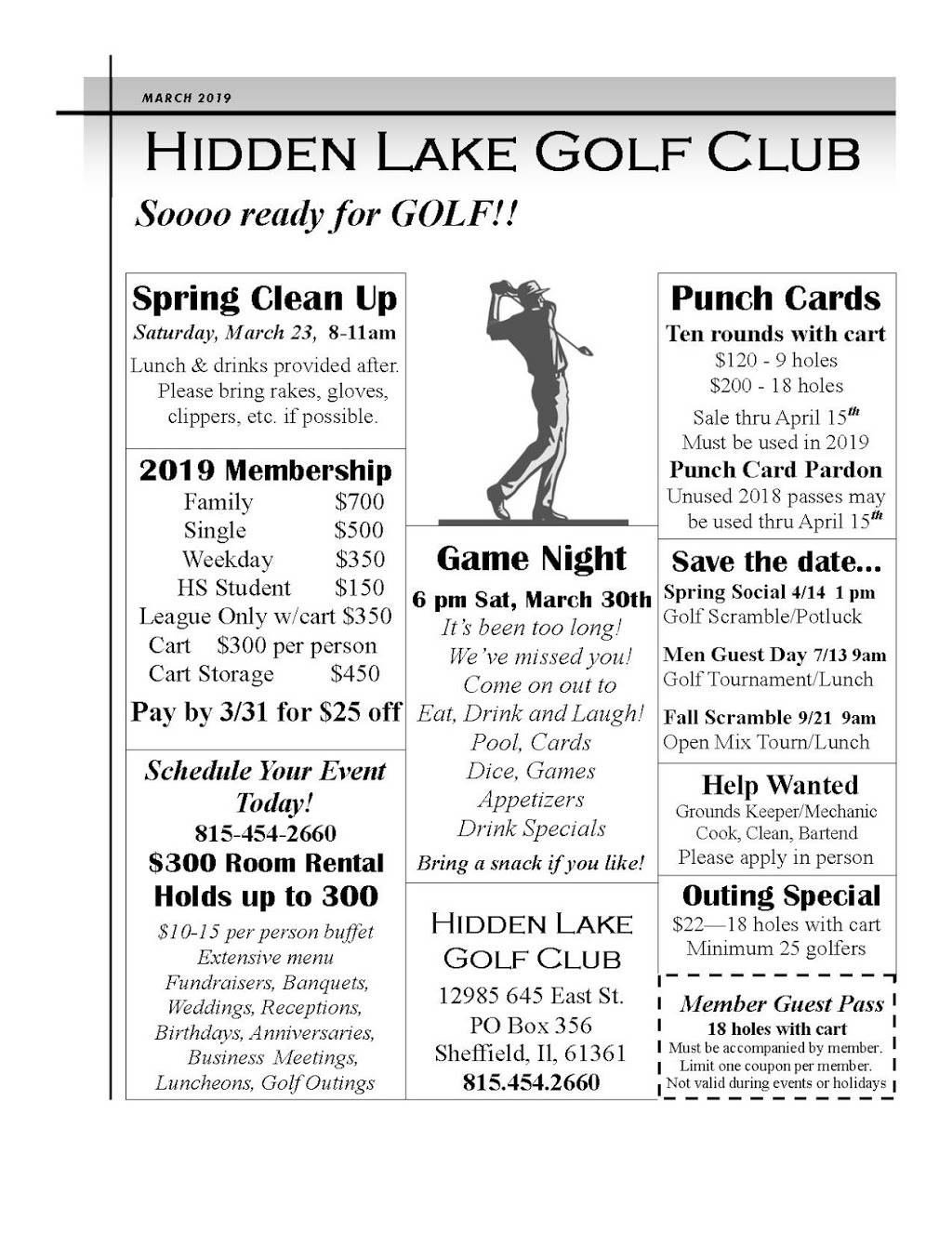 Hidden Lake Golf Club | restaurant | 12985 645 E St, Sheffield, IL 61361, USA | 8154542660 OR +1 815-454-2660