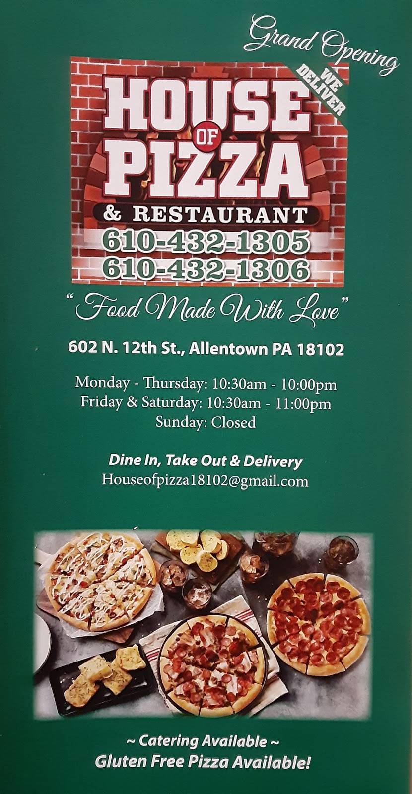 House of Pizza | restaurant | 602 N 12th St, Allentown, PA 18102, USA | 6104321305 OR +1 610-432-1305